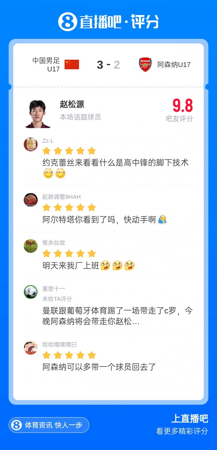 赵松源梅开二度+读秒绝杀 U17国足3-2阿森纳U17