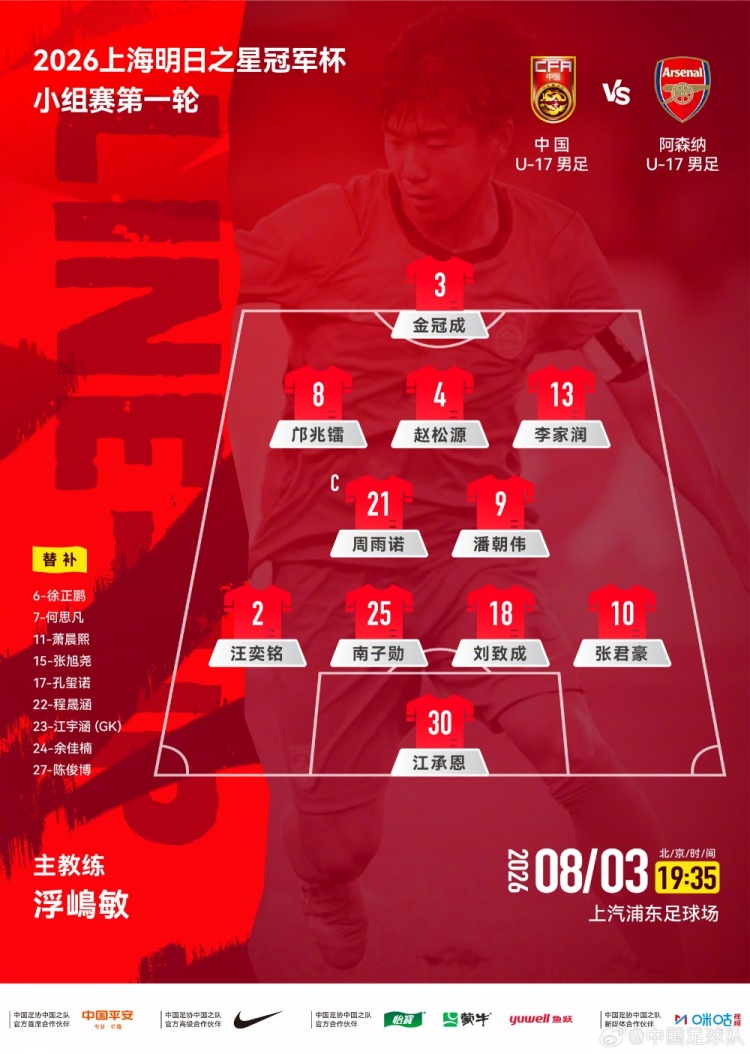 中国U17公布对阵阿森纳首发 上海明日之星冠军杯首轮名单出炉