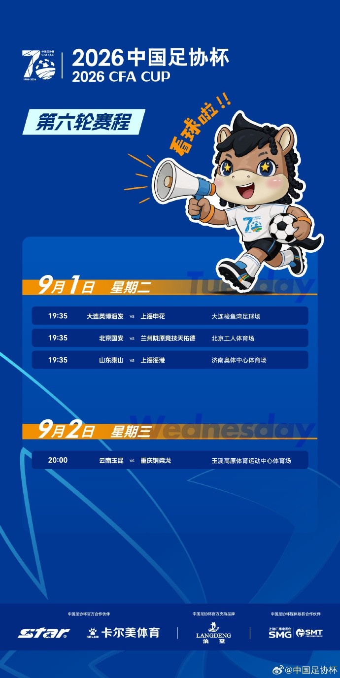足协杯1/4决赛赛程公布 泰山海港9月1日19:35济南交锋